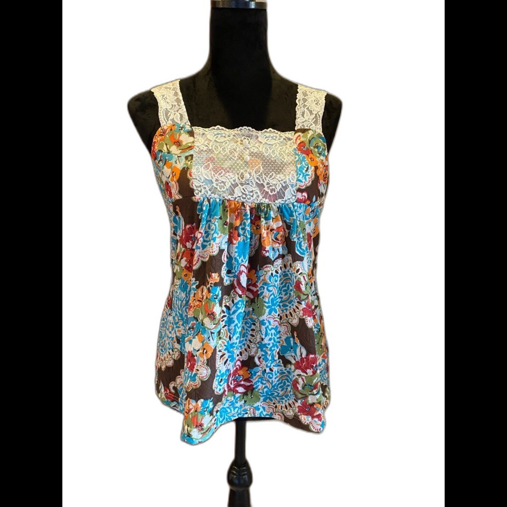 Self Esteem Floral Lace Cami Tank Top Womens Large Multicolor Excellent Boho Y2K